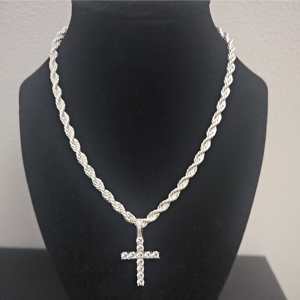 16in.Sterling Silver-Plated Rope-2.9mm Chain Cross Pendant Charm w/ 11 CZs
